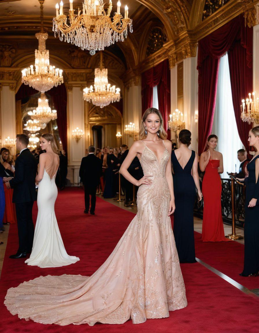 An elegant red carpet event featuring top models and famous actresses in dazzling gowns, with flashes of paparazzi cameras capturing their radiant smiles and poised stances. A background of a grand hall with ornate chandeliers and a luxe, glittering ambiance. super-realistic, vibrant colors, glamorous aesthetics.