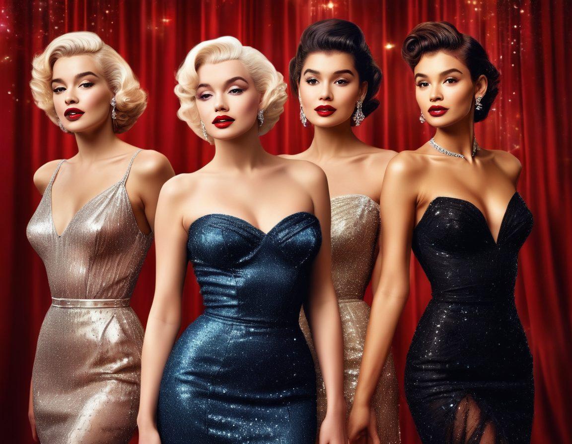 A dazzling compilation of top celebrity glamour shots; Marilyn Monroe, Audrey Hepburn, and modern icons like Zendaya, all portrayed in striking poses. The background features shimmering lights and red carpet glitz to amplify the glamour. Diverse beauty and elegant, stylish attire are highlighted. super-realistic. vibrant colors. cinematic lighting.